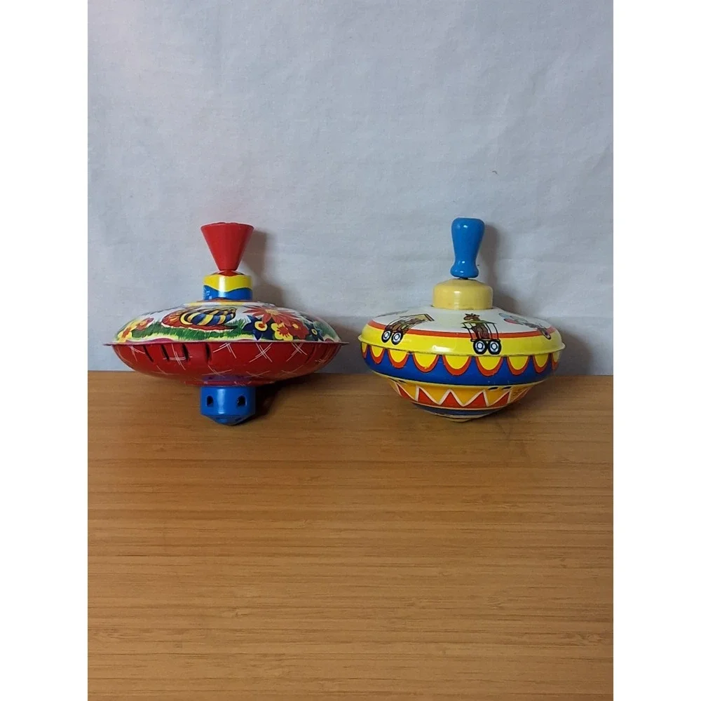 Vintage Pair Of Mechanical Tin Spinning Tops. Vibrant Colors GVC Lot Of 2 WORKS